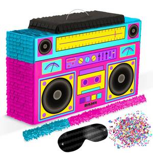 lot 13602 image: Jergrim Boombox Pi�ata 4-Piece Set perfect for Retro Birthday Party, Decorations, 80s Parties, Hip Hop 90s, 1980��s Radio Pi�ata for kids and adults (17X10) Durable