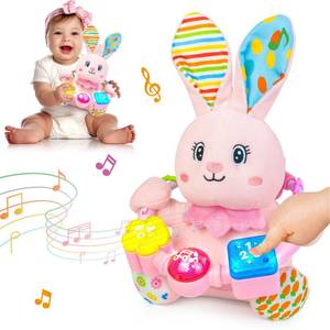 lot 14027 image: Ryotagift Baby Bilingual Musical Rabbit Stuffed Animals Toys,Infant Early Learning Toy with Light-Up Music & Crinkle,Tummy Time Toys for 0 3 6 9 12 Months for Baby Boy Girl Easter Gift,Pink