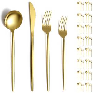 lot 14030 image: Evanda Gold Silverware Set 64 Piece Service for 16, Titanium Gold Plated Stainless Steel Flatware Set, Knives Forks Spoons Cutlery Set for Wedding, Parties, Birthday, Restauroom, Dishwasher Safe