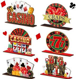 lot 14094 image: Juexica 6 Pcs Casino Party Decoration Casino Table Signs Poker Night Table Centerpieces Wooden Las Vegas Themed Party Decorations Poker Decor for Housewarming Bar Birthday Supplies