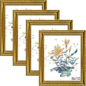 lot 19163 image: BESCRCL 8x10 Picture Frame Gold with Real Glass, Ornate Vintage 8 x 10 Photo Frames for Wall and Tabletop Display, Set of 4 (1 with Cracked Glass)