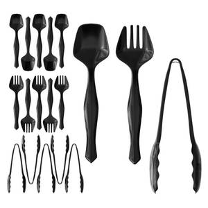 lot 19181 image: 18 Pcs Black Plastic Serving Utensils Set - 6 Black Plastic Serving Spoons, 6 Black Tongs And 6 Forks - Heavy Duty Black Disposable Serving Utensils Set For Parties