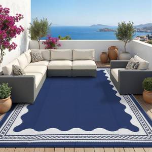 lot 19197 image: Garvee Outdoor Rug 8x10 Scalloped Waterproof Patio RV Outdoor Rugs Reversible Foldable Plastic Straw Rug Modern Camping Carpet for Deck Camper Porch Balcony Backyard Picnic Beach Dark Blue