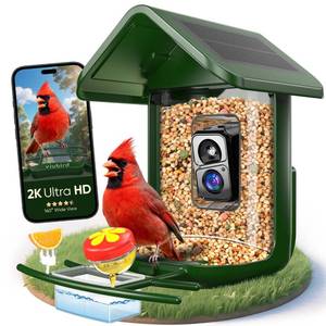 lot 19208 image: Bird Feeder with Camera Solar Powered - Smart Bird Feeder Camera 2K HD Live Stream, 5MP Photos, AI Identification for Backyard, 2.4Lb Large Capacity, Gifts for Mom Dad, Green