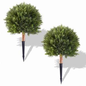 lot 19214 image: 24.8 Artificial Cedar Topiary Ball Trees Set, 2 Pack Faux Cypress Plants UV Resistant Pine Shrubs Fake Bushes for Outdoor Indoor Front Porch Garden