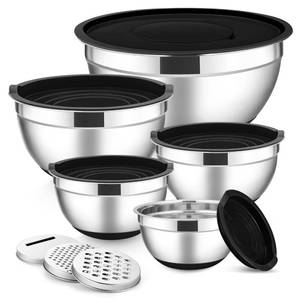 lot 19217 image: E-far Stainless Steel Mixing Bowls with Lids Set, 5-Piece Nesting Salad Bowls with 3 Grater Attachments and Non-Slip Bottoms, Size 4.6, 2.6, 2, 1.5, 1QT for Kitchen (Black)