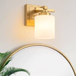 lot 19219 image: BrkNit Modern Bathroom Light Fixtures Over Mirror, Vanity Lights for Bathroom Wall Sconces with Milky White Glass Shades, E26 Socket (Bulbs Not Included), 1 Light, Brass