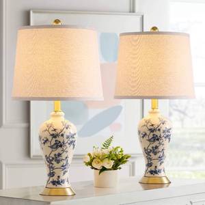 lot 19255 image: RORIA 24 Chinoiserie Modern Ceramic Small Table Lamps Set of 2 for Bedroom, Blue and Beige Bird Pattern Traditional Classic Table Lamp for Living Room Nightstand Entryway, 2 LED Bulbs Included