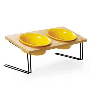 lot 19259 image: Sweejar Ceramic Elevated Cat Bowls, Small Dog Bowls, 15° Tilted Raised Pet Bowl with Solid Wooden Stand to Protect Spine, Water and Food Feeder for Cat and Dog, Pack of 2 (Yellow)