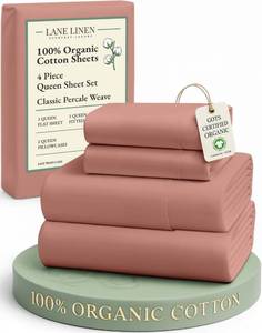 lot 19263 image: LANE LINEN 100% Organic Cotton Queen Sheets, Eco Friendly Mercerized Cotton Fully Elasticized Bedding Sheets & Pillowcase Set, Low Pill Fade Resistant Naturally Cooling Bedding Queen Size- Rose Dawn