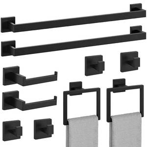 lot 19271 image: Bubxo 10-Pieces Matte Black Bathroom Accessories Set, 24 Inch Bathroom Hardware Set, SUS304 Stainless Steel Bath Towel Bar Set, Towel Racks for Bathroom Wall Mounted