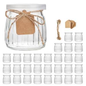 lot 19278 image: Encheng Glass Jars, 7 oz Glass Yogurt Jars With Lids(PE),Replacement Glass Pudding Jar With Plastic Tops,Clear Yogurt Container With Twine n Tag For Milk,Jams,Jelly,Mousse,Dishwaresafe 30 Pack