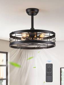 lot 19286 image: LEDIARY 20 inch Fandelier Caged Ceiling Fan with Light, Bladeless Ceiling Fan with Remote, Farmhouse Fan Lights Ceiling Fixtures for Kitchen, Bedroom, Outdoor(6 Speed, Timing)-Black