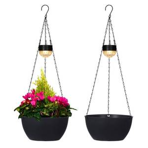 lot 19288 image: BAYN 2 Packs Solar Hanging Basket Planters for Plants Outdoor, Self Watering Black Flower Plants Pots with Solar Light Drainer for Balcony Patio Garden Outdoor Decoration