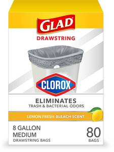 lot 19292 image: Glad Medium Trash Bags, 8 Gallon, Lemon Fresh Bleach Garbage Bags, Resists Bacterial Odors with Drawstring, 80 Count