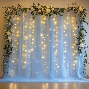 lot 20012 image: Xiomot Tulle Backdrop Curtain with Lights String 10FT X 8FT Baby Blue Sheer Tulle Backdrop Curtains for Wedding Birthday Party Reception Photo Booth Background Decorations (2 Panels 5x8FT)