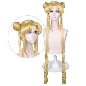 lot 20030 image: LABEAUT� Long Curly Blonde Ponytails Wig with Buns for Women Cosplay Costume Anime Blonde Pigtails Wig with Bangs  Cap