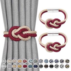 lot 20035 image: NICEEC 2 Pack Mini Magnetic Curtain Tiebacks Nordic Simple Style Drape Tie Backs Elegant Hand Weave Rope Knot Decorative Curtain Holdbacks for Home & Office Thin Window Drapery (Wine Red & Beige)