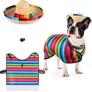 lot 20060 image: Weewooday Dog Sombrero Hat Pet Serape Poncho Costume Dog Multicolor Adjustable Mexican Straw Hat Chihuahua Clothes(Medium)