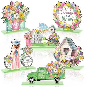 lot 20061 image: 6 Pcs Spring Wooden Table Decorations Hello Spring Wood Tabletop Centerpiece Flower Gnome Table Sign Floral Truck D�cor for Party Farmhouse Home Tiered Tray Decor Gifts