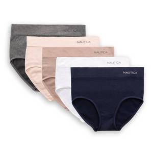 lot 20065 image: Nautica Womens Seamless Ribbed Knit Brief Underwear Set, 5-Pack (US, Alpha, Medium, Regular, Regular, Nocturnal NavyWhiteSoft TaupeBlushed IceMd Heather Grey)