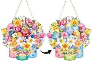 lot 20072 image: Easter Decoration Wood Spring Decoration Door Wall Signs Double-sided Printing, Mason Jar Wooden Wreaths Front Door Sign Egg Flower Ornaments Hanging Crafts for Spring Home Farmhouse Party Porch Wall Decor