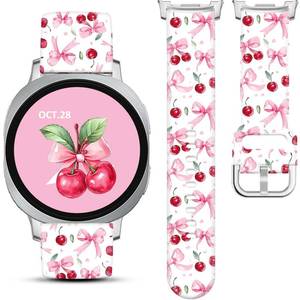 lot 20073 image: Strenme Silicone Pink Bow Ribbon Band for Samsung Galaxy Watch 8 Band 40mm 44mm 8 Classic Bands 46mm Printed Cherry Galaxy Watch 7 6 5 4 Band Women Men,20mm Holiday Watch Bands Silicone Strap with Stainless Steel Adapter