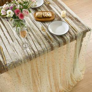 lot 20074 image: Horaldaily Beige Gold Sparkling Star Gauze Tablecloth 60x84 Inch Rectangular, Golden Star Sequin Glitter Metallic Foil, Sheer Tulle Cheesecloth for Wedding Baby Shower Party