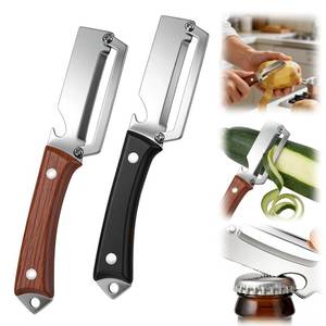 lot 20078 image: 2Pcs Premium Vegetable Peeler with Wooden Handle and Bottle Opener, 3 in 1 Multifunctional Stainless Steel Blade Kitchen Tool for Potato Fruit Pineapple Pumpkin Papaya Carrot Veggie Peeler (Mix)