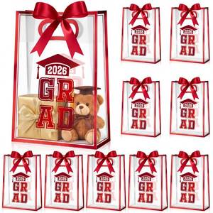 lot 20446 image: Aliceset Red 12 Pcs 2026 Clear Graduation Gift Bags Class of 2026 Grad Bags with Ribbon Die Cut Handles Plastic Graduation Gifts Wrapping for School Grad Party Decor Supplies, 7x10x3.15 Inch