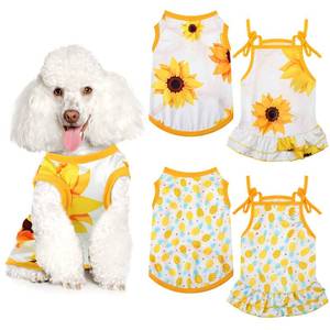 lot 20456 image: Frienda 4 Pieces Dog Clothes Set Include 2 Pcs Cute Pet Dress Lovely Dog Dress and 2 Pcs Breathable Pet T Shirt Puppy Clothes(Pineapple, Sunflower,Large)