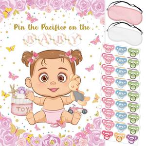 lot 20459 image: Pin The Pacifier On The Baby Game, Pink Baby Shower Decoration Pin Pacifier on Baby Poster Butterfly Theme Decor with 48 Pacifier Stickers Game for Baby Shower Party Birthday Party Supplies