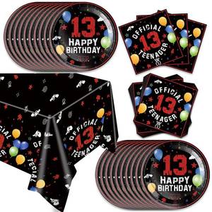 lot 20464 image: 41pcs 13th Red and Black Birthday Party Supplies,include 20 Dessert Plates, 20 Napkin and 1pcs Tablecloth,Used for 13th Red and Black Party Decoration