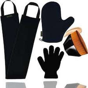 lot 14114 image: Self Tanning Mitt Applicator Kit - 1 Self Tan Mitt, 1 Back Tanning Applicator, 1 Ultra Soft Self Tanner Brush, 1 Exfoliating Glove, for Sunless Streak-Free Fake Tan (Black)