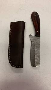 Damascus Steel Bull Cutter Cowboy Knife Full Tang with Wood Handle and Sheath approx 8 inches Hunting/Fishing