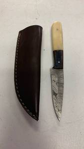 lot 23 image: Damascus Steel Knife Full Tang with Bone Handle and Sheath approx 8 inches HuntingFishing