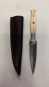 lot 24 image: Damascus Steel Knife Dagger Full Tang with Bone Handle and Sheath approx 8 inches HuntingFishing