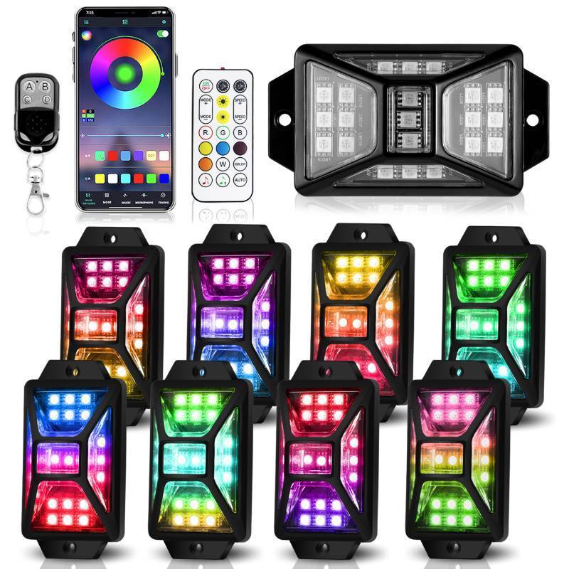 lot 4017 image: 8 Pods Full Angle RGB Rock Lights Compatible with 12V Trucks Jeep UTV SUV ATV Boat Golf Cart, Waterproof, Multi-Color,Brake Light, AppRemote Control Led Rock Lights with Music Mode