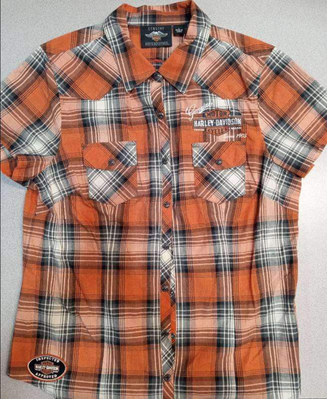 lot 4272 image: Harley-Davidson Orange Plaid Button-Up Shirt - Size L