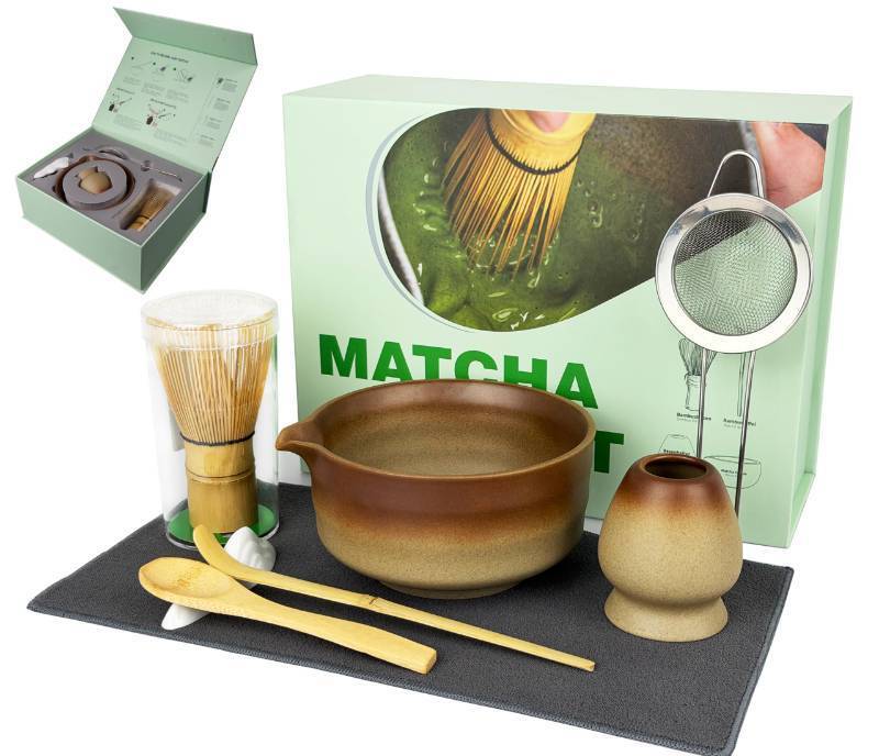 lot 4808 image: Matcha Whisk Set, 7 Pcs Matcha Kit with Bamboo Tools, Bamboo Design Matcha Bowl, Holder, Scoop, Scoop Rest, Sifter and Tea Towel for Matcha Lovers