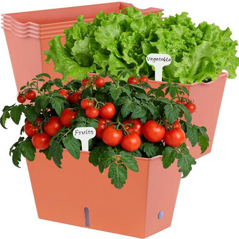 lot 4810 image: Oliz Window Box Planter 6 Pcs, 12.6 Inches Self Watering Rectangle Flower Plant Pots with Drainage Holes & Breathable Trays, Vegetable Planters for Windowsill Patio Garden Balcony Porch Yard (Orange)