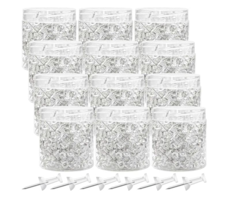 lot 4716 image: 2400 Pcs Clear Push Pins, Standard Thumb Tacks with Steel Point and Plastic Head, PushPins thumbtacks for Wall Hanging, Cork Board, and Bulletin Board