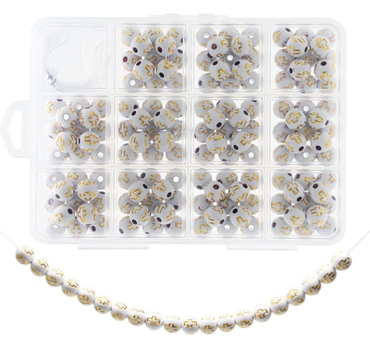 lot 4723 image: 143 Pcs 10mm White Acrylic Cross Beads for Bracelet Making, DIY Christian Religious Rosary Beads with 2m Elastic String & 12-Section Storage Box, Jewelry Making Supplies for Men Women