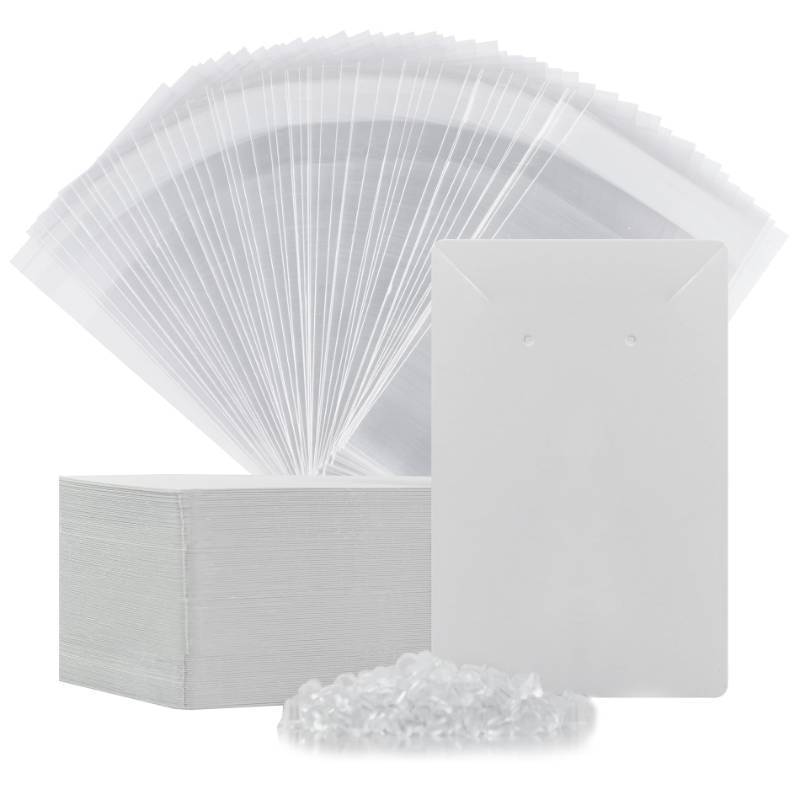 lot 4904 image: Earring Cards, Set Earring Making Supplies with 100 Pcs Earring Holder Cards 200 Pcs Earring Backs and 100 Jewelry Packaging for Earrings Necklace Jewelry Display, Jewelry Bags 3.5x2.4 Inches (White)