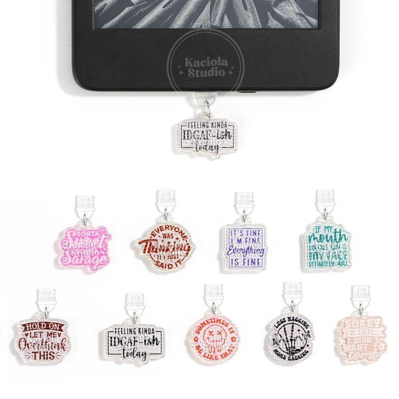 lot 4906 image: KACIOLA STUDIO 9 PCS Charms for Kindle, Sarcasm Quotes Theme Dust Plug Charm Type C for E-Reader, Compatible with TypeCUSB C Charging Ports Design for KindlePhone (Sarcasm Quotes)