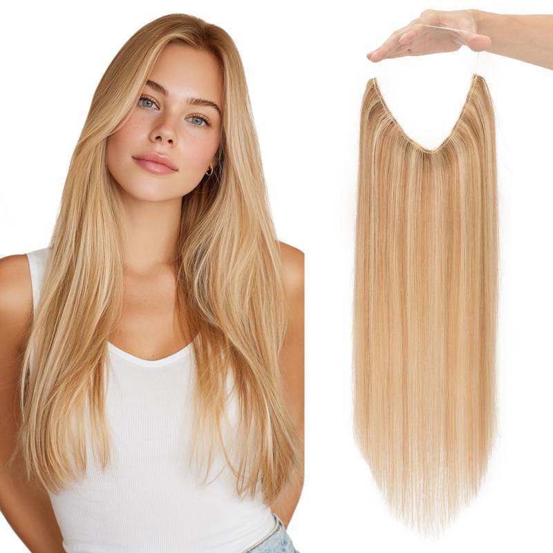 lot 5004 image: Charites Halo Hair Extensions Real Human Hair Invisible Wire Extensions with Transparent Fish Line Adjustable Size Golden Brown & Bleach Blonde 12 inch