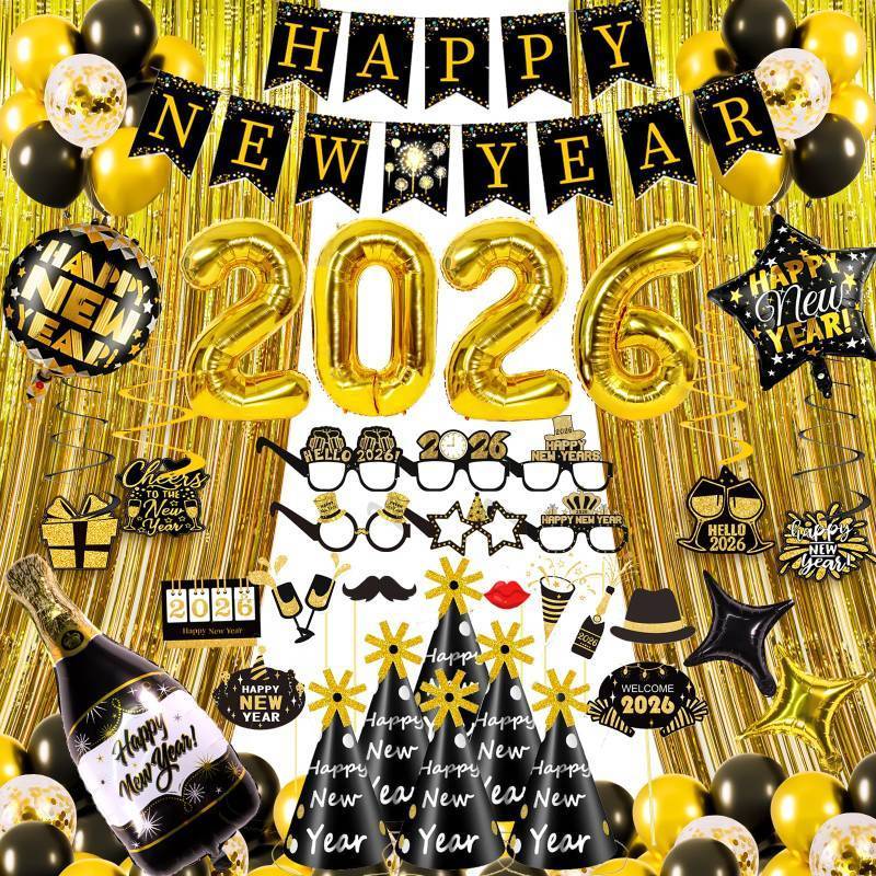 lot 5007 image: New Years Eve Party Supplies 2026 New Years Decorations 2025Happy New Year Decorations Eve Party Decorations, Hats & Glasses, Photo Props, Happy New Year Banner Foil Balloon Curtain Hanging Swirls
