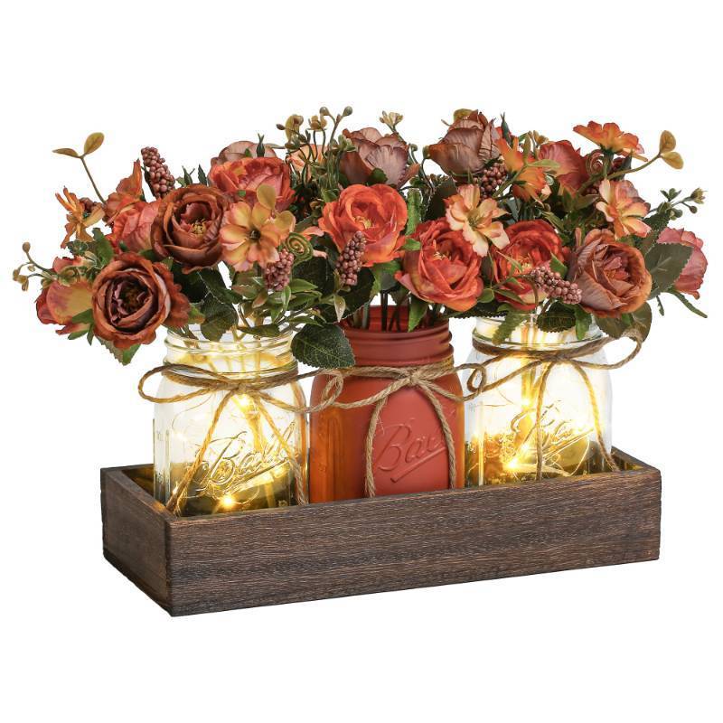 lot 4923 image: DUOER 3 Pcs Mason Jar Centerpiece Table Decorations for Dining Table Decor Farmhouse Coffee Table Decor with Wood Tray and Led Light Table Centerpieces for Dining room Kitchen Living Bathroom, Orange