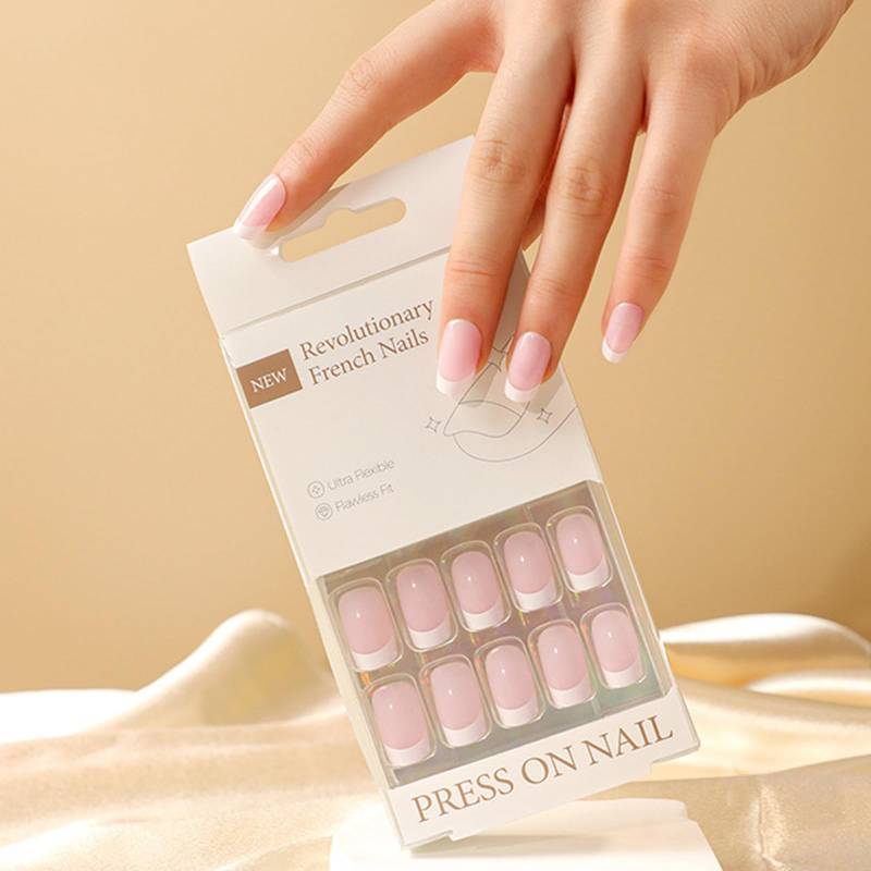 lot 4970 image: 30Pcs Handmade Nails Press on Nails Medium Square SWEKKE French Tip Fake Nails Pink Full Cover White Nail Tip False Nails with Designs Glossy Glue on Nails Manicure Acrylic Nails for Women Girls