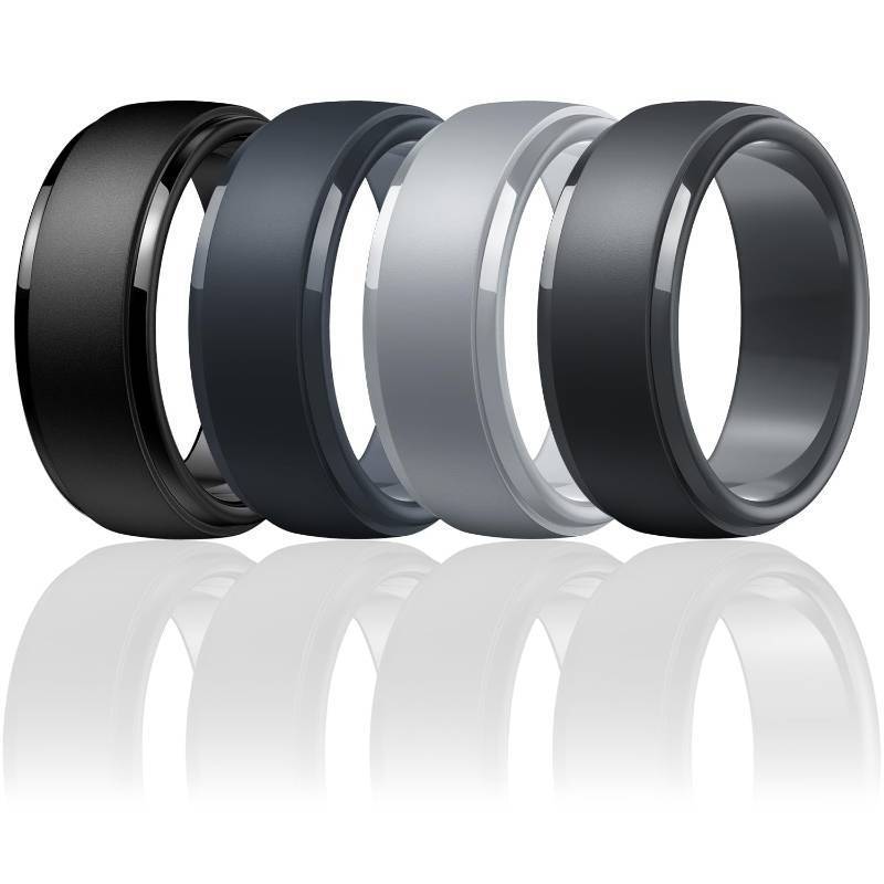 lot 4977 image: Egnaro Mens Silicone Wedding Rings Classic Black Step Edge Rubber band 10mm Wide 2.5mm Thick- Hypoallergenic for GymOutdoorGift(147 Variety Pack with Half Size)